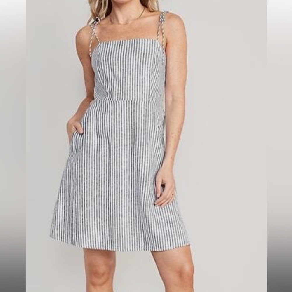 Old Navy Blue Striped, Fit & Flare, Tie-Strap, Linen-blend Mini Dress
